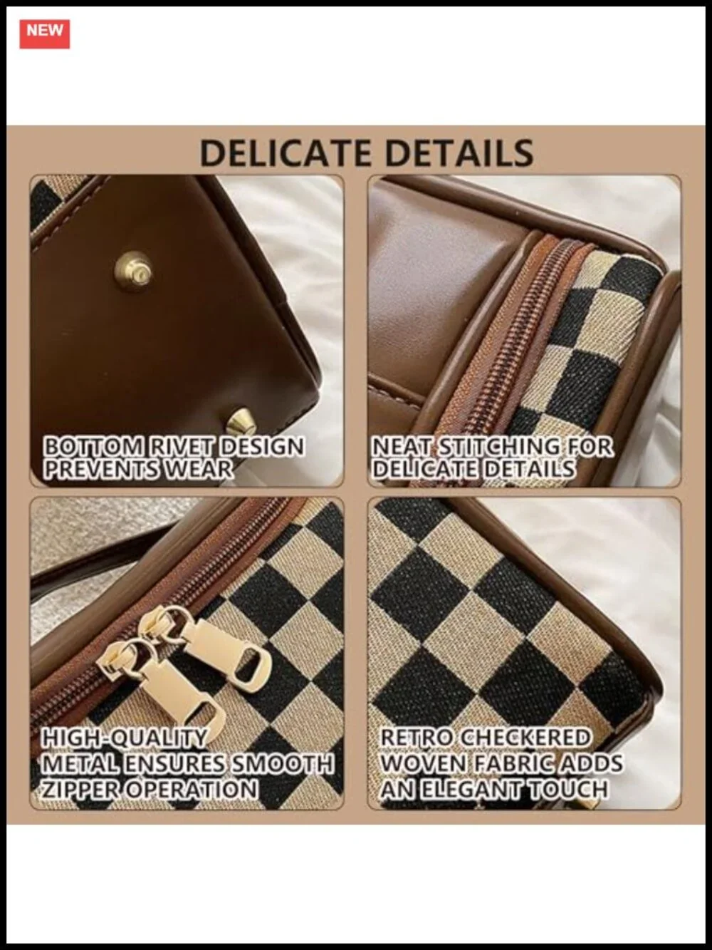 Vintage Checkered Cosmetic Bag Large Capacity PU Leather Makeup Pouch